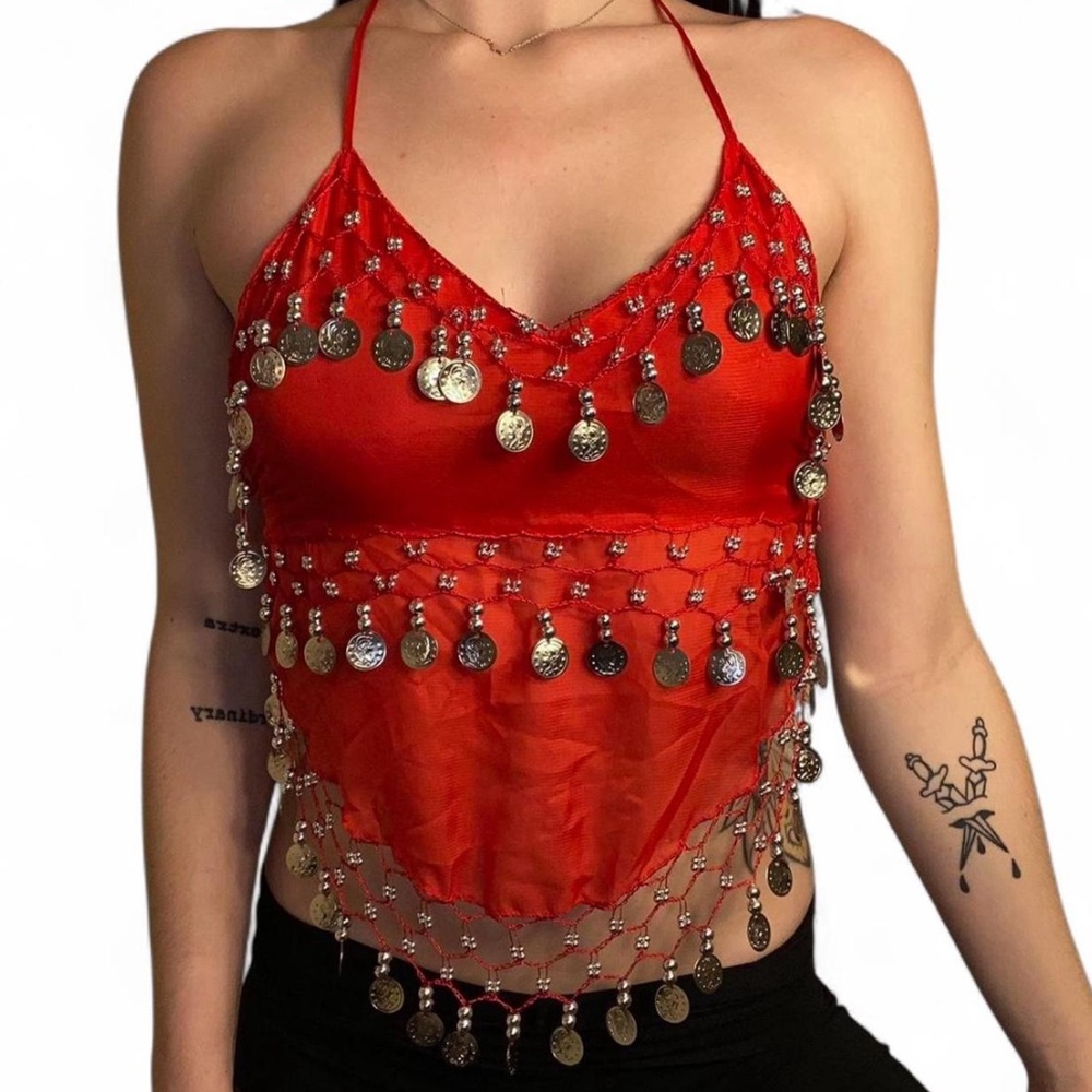 Red Halter Belly Dance Top with Silver Coin Details